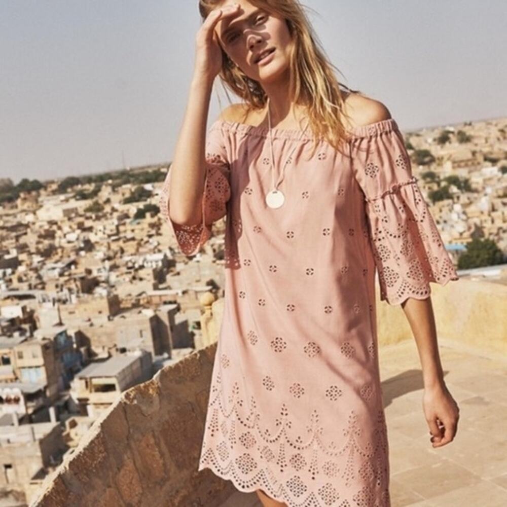 Madewell Dusty Rose Pink Eyelet Off-Shoulder Flutter Sleeve Mini Dress Size 6